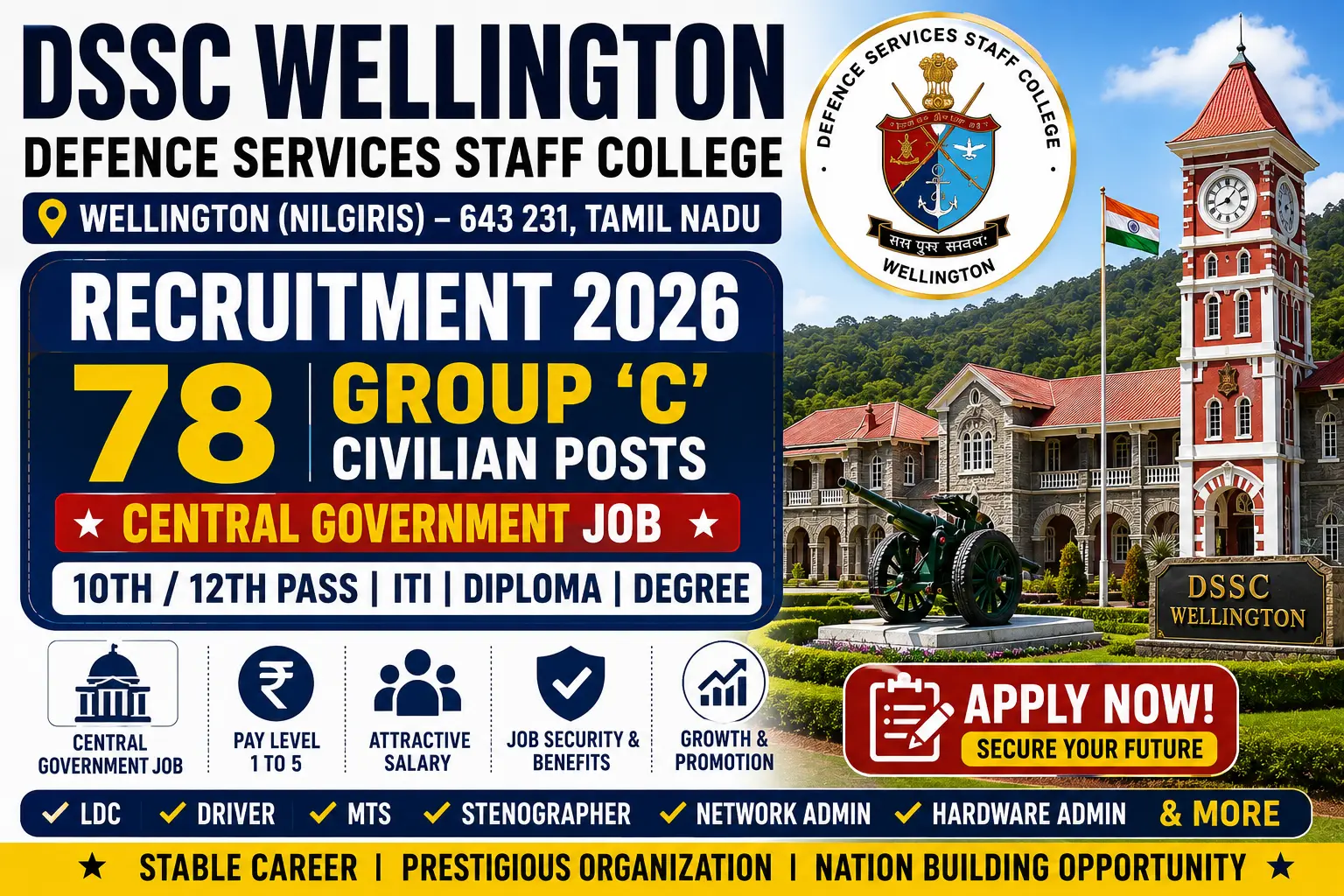 DSSC Recruitment 2026, Defence Jobs 2026, Central Government Jobs, MTS Recruitment 2026, LDC Vacancy 2026, Driver Jobs 2026, Tamil Nadu Govt Jobs, 10th Pass Govt Jobs, 12th Pass Government Jobs, Defence Civilian Recruitment, IT Government Jobs, Network Administrator Jobs, Hardware Administrator Vacancy, Stenographer Recruitment 2026, Sarkari Naukri 2026, Offline Government Jobs, DSSC Wellington Recruitment, Group C Jobs 2026, Government Jobs in Tamil Nadu, Defence Staff College Jobs