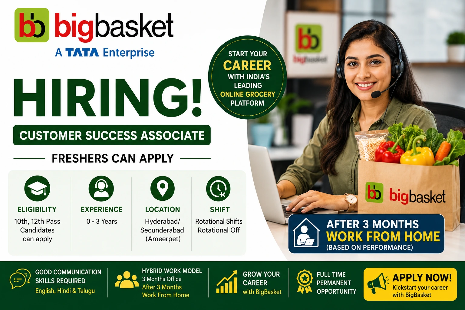 BigBasket Recruitment 2026 : Freshers Hiring for Customer Success Associate in Hyderabad