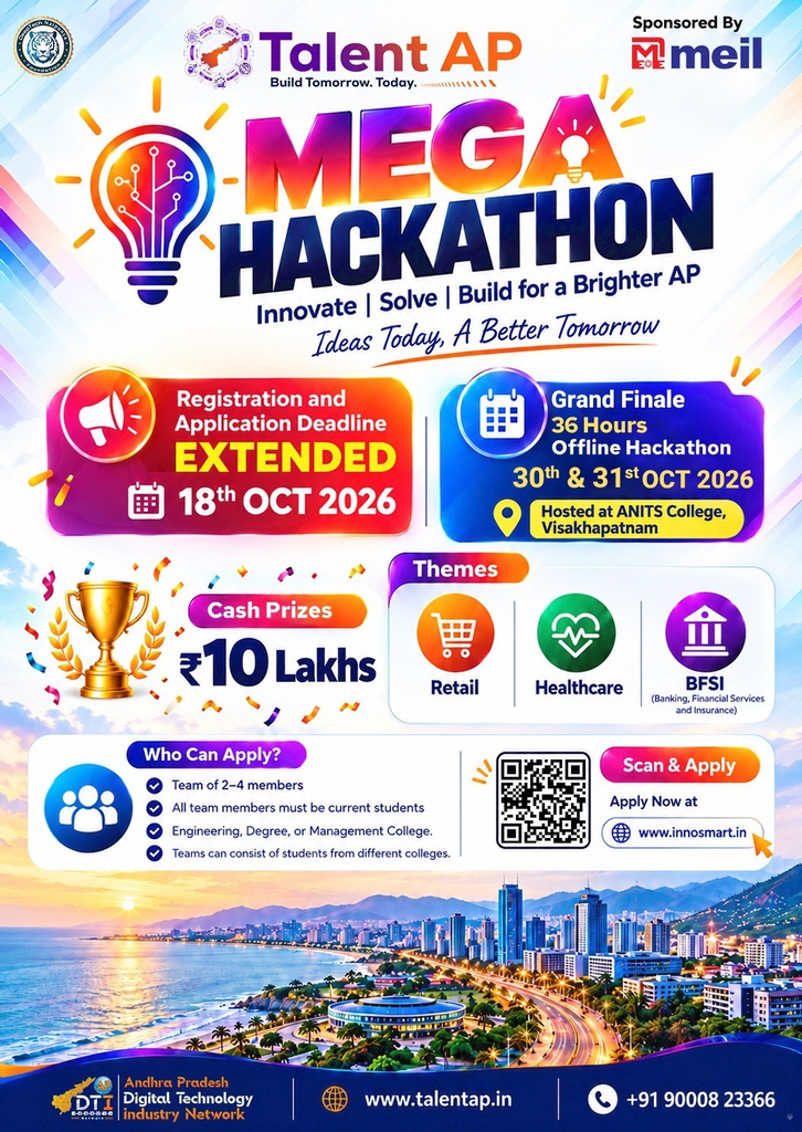 Talent AP Mega Hackathon 2026: Registrations Open, ₹10 Lakh Cash Prizes, Apply Online 1 Talent AP Mega Hackathon 2026: Registrations Open, ₹10 Lakh Cash Prizes, Apply Online